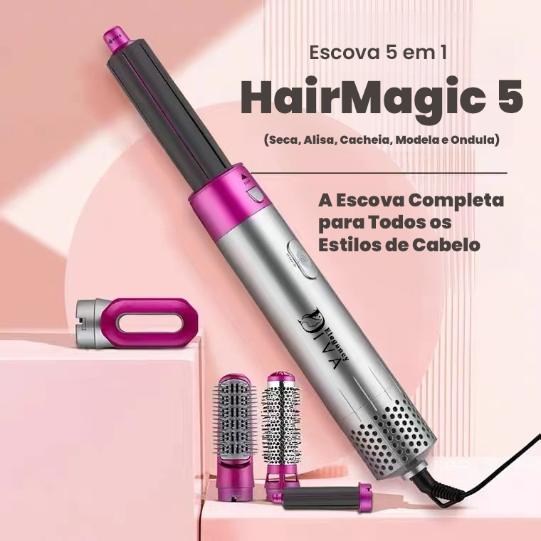 HairMagic 5 - Escova 5 em 1 (Seca, Alisa, Cacheia, Modela e Ondula) ED™